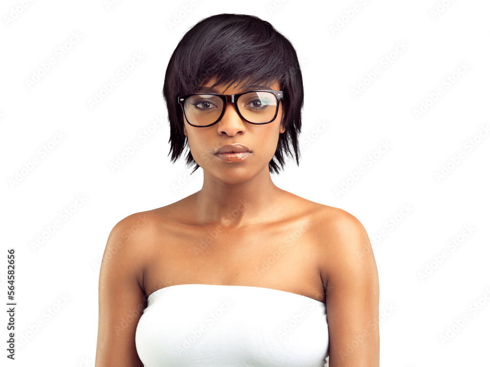 A Head and shoulders studio portrait of a beautiful african woman looking confidently at the camera 