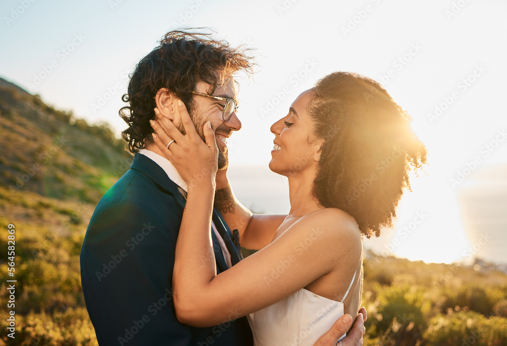 Love, wedding and couple on mountain kiss for marriage ceremony, commitment and celebration. Affecti