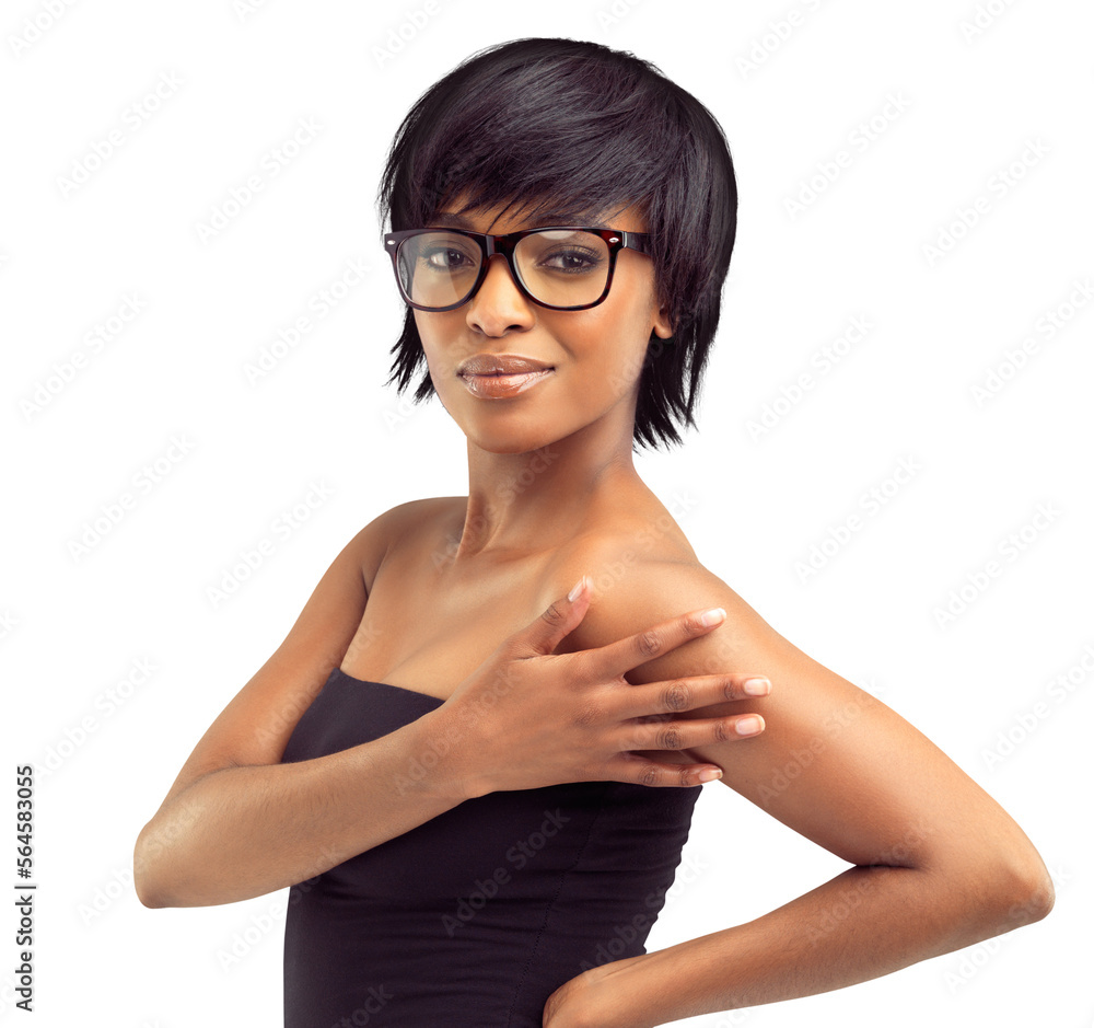 A head and shoulders portrait of a confident african woman wearing spectacles isolated on a PNG back