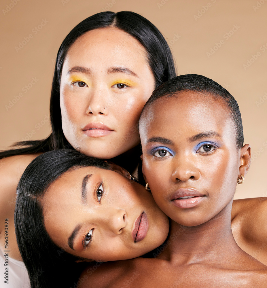 Diversity, woman and focus face with makeup, skincare beauty and cosmetics dermatology in brown back