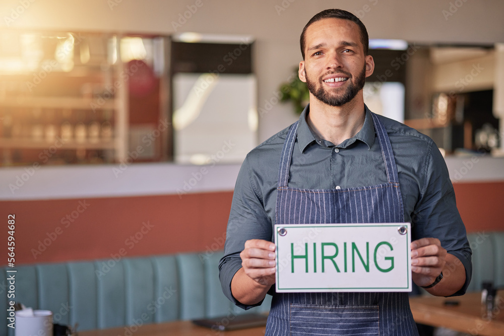 Recruitment, portrait or man with a hiring sign for job vacancy offer in cafe or small business stor