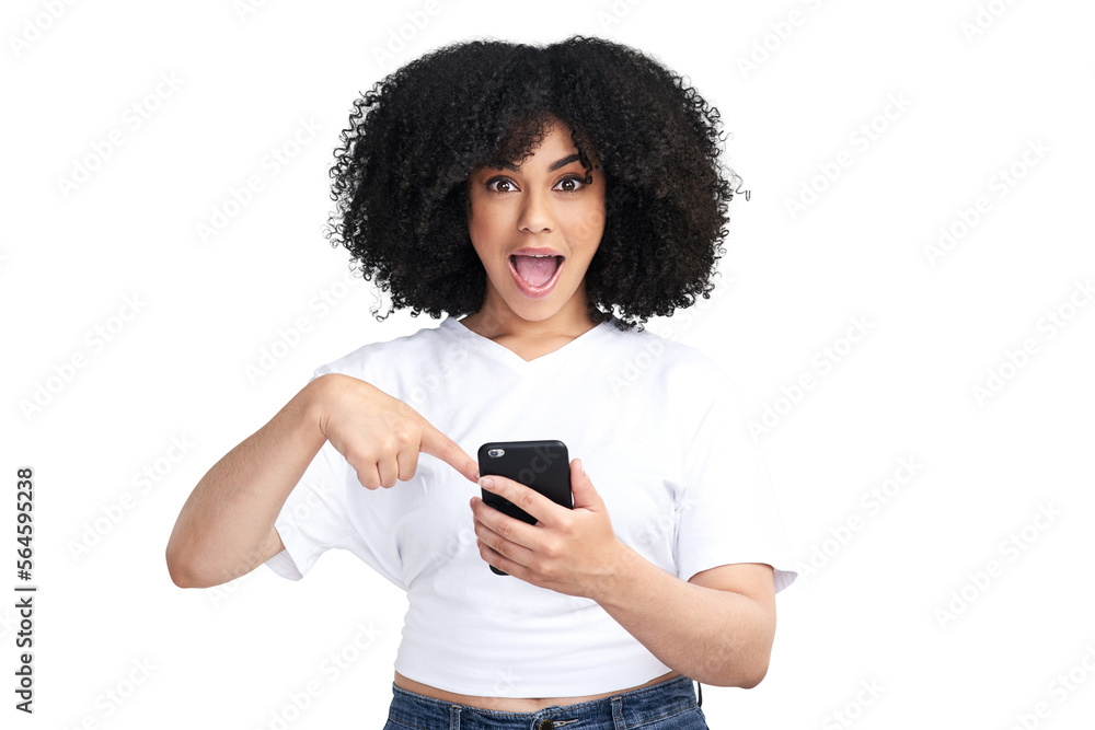 An attractive young woman using a smartphone and looking shocked isolated on a PNG background.