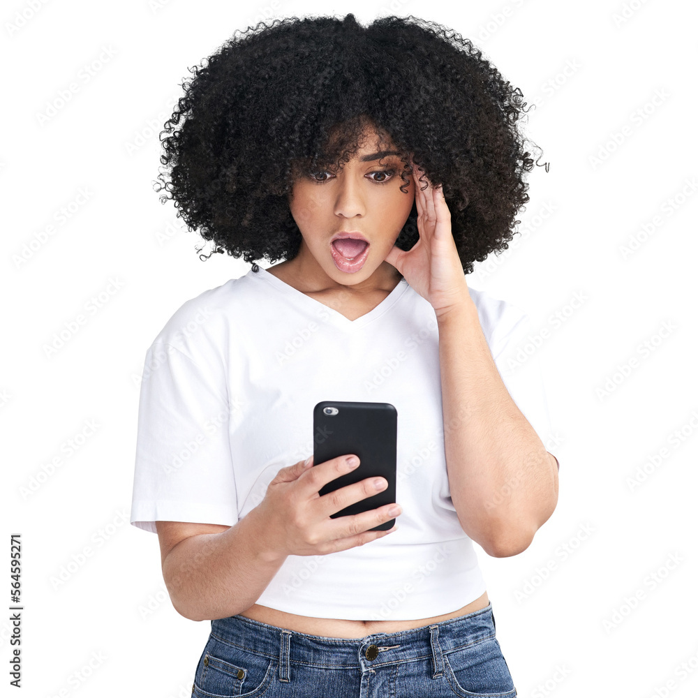 An attractive young woman using a smartphone and looking shocked isolated on a PNG background.