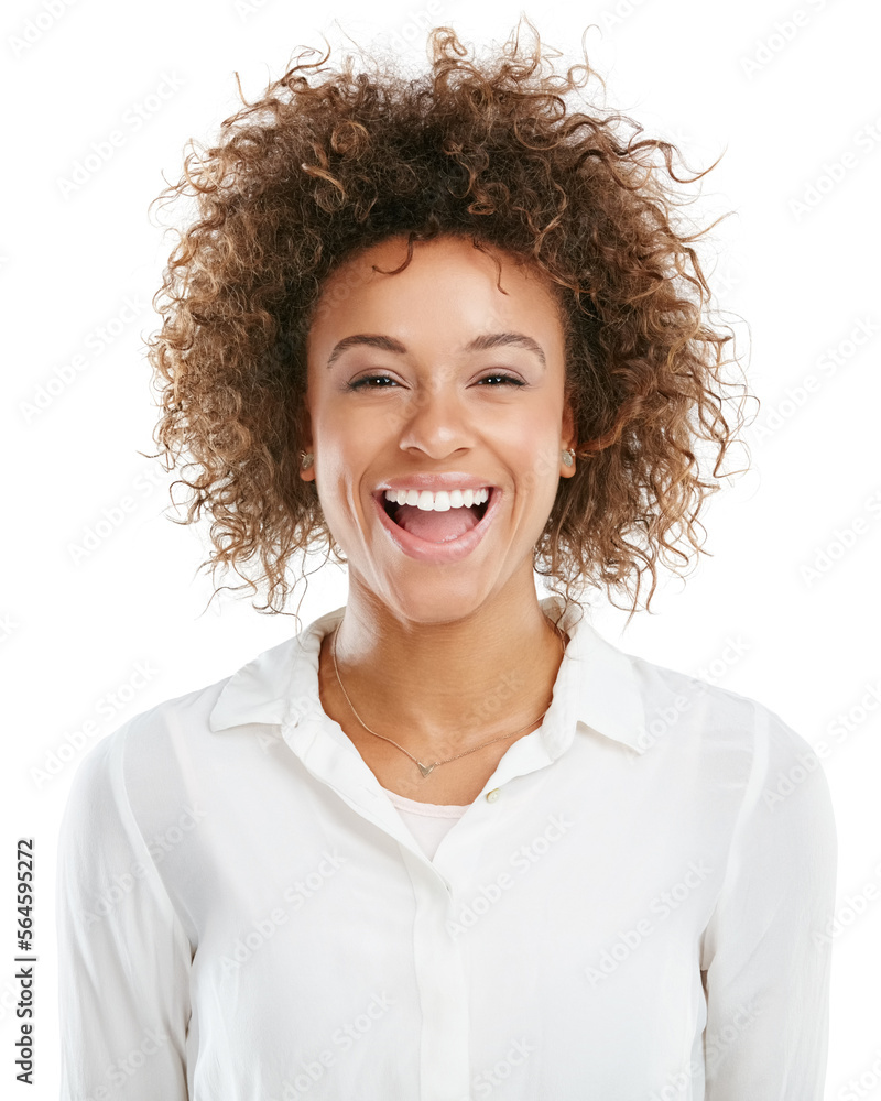 Beauty, smile and portrait of black woman on a white background with cosmetics, glowing and healthy 