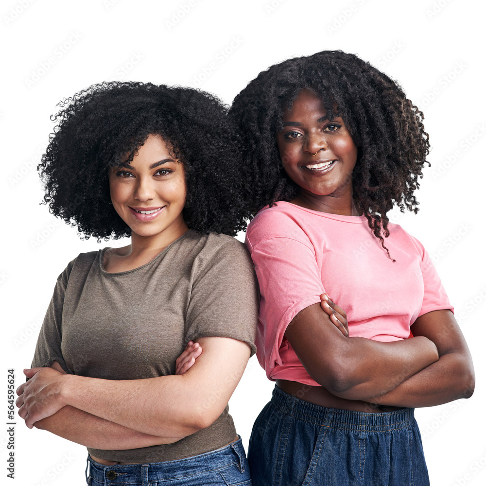 PNG studio portrait of two confident young women posing.