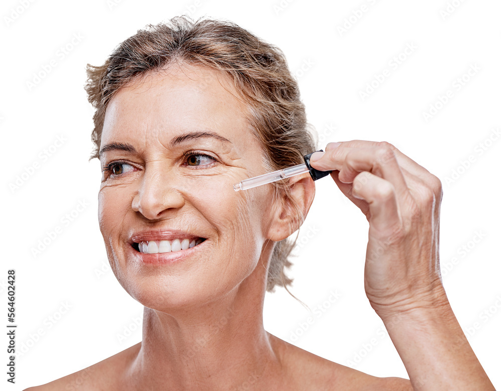 A mature woman posing with a serum dropper against her face isolated on a transparent PNG background