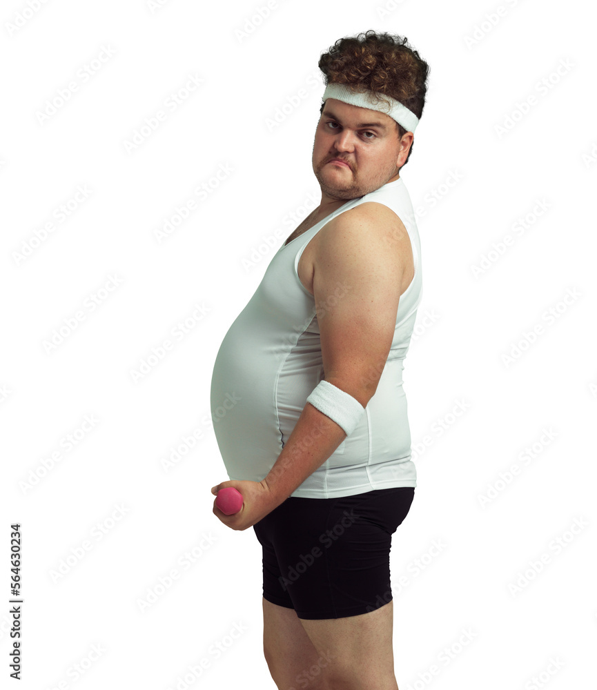 A Large man being comical while doing weights isolated on a PNG background.