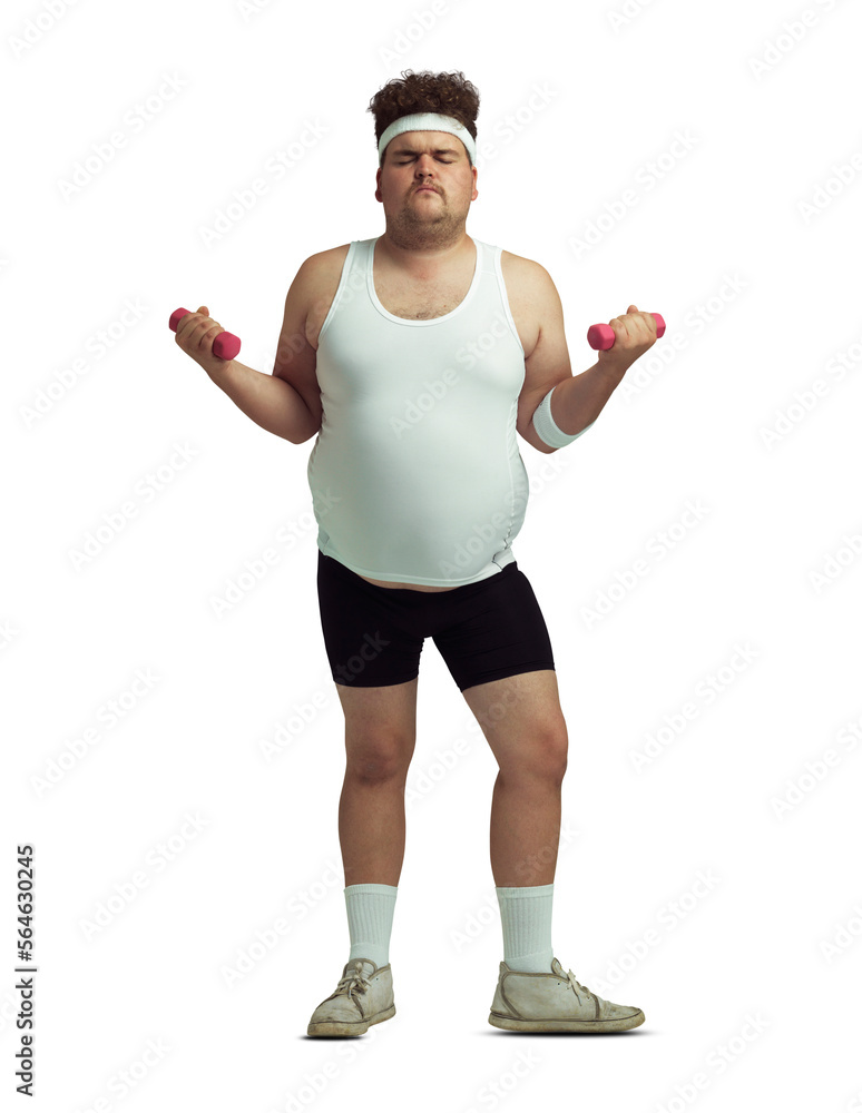 An overweight man holding dumbbells isolated on a PNG background.