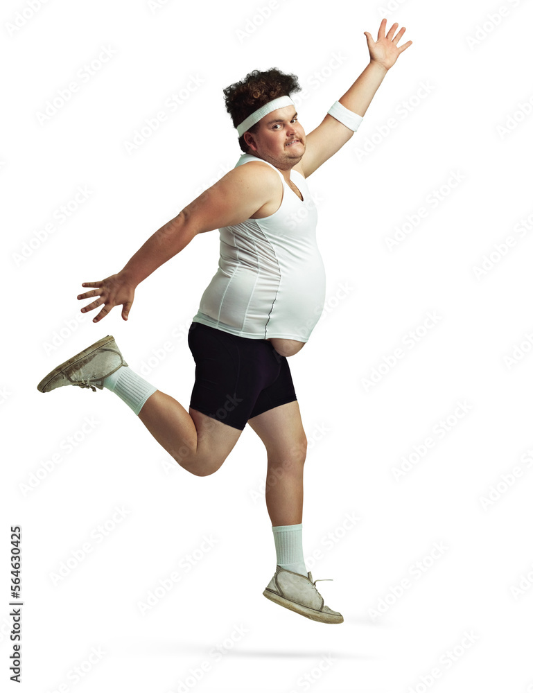 An overweight man leaping in the air isolated on a PNG background.