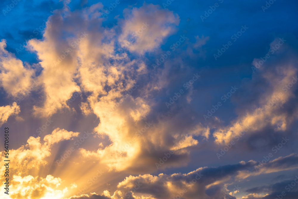 Sky with clouds during sunset. Clouds and blue sky. A high-resolution photograph. Panoramic photo fo