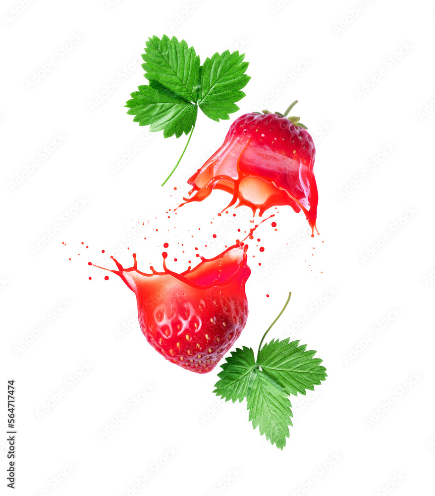 Strawberry cut into two halves with splashes of juice closeup