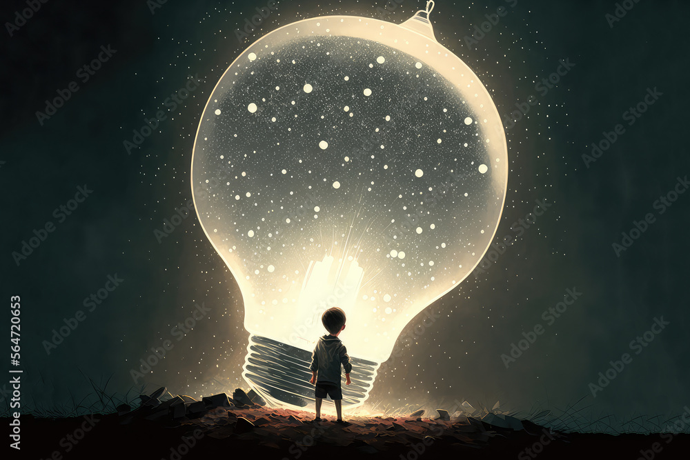 a boy looking the big bulb half buried in the ground against night sky with stars and space dust, di