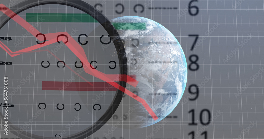 Composition of data processing and globe over shapes and numbers on black background