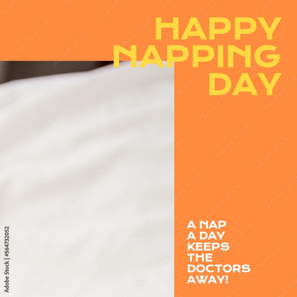 Composition of happy napping day text over white and orange background with copy space