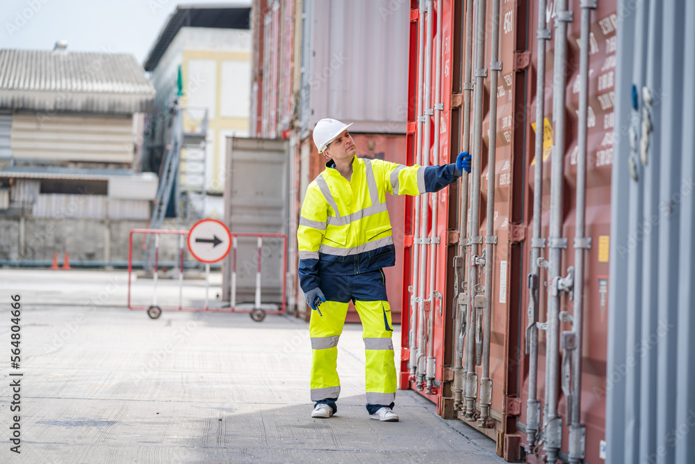 Foreman checking loading Containers box for Cargo freight ship for import export,Foreman inspect Ind