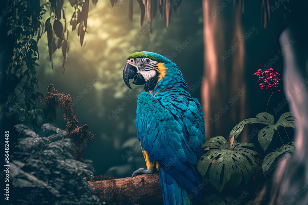 Blue Macaw in a Jungle, photography of a blue macaw in the Jungle. Generative AI