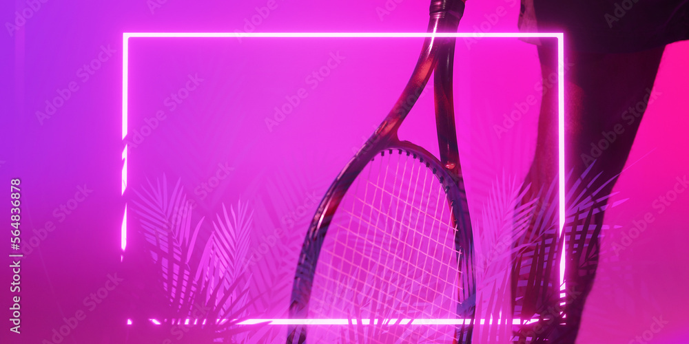 Cropped leg of african american male player with tennis racket over illuminated plants and rectangle