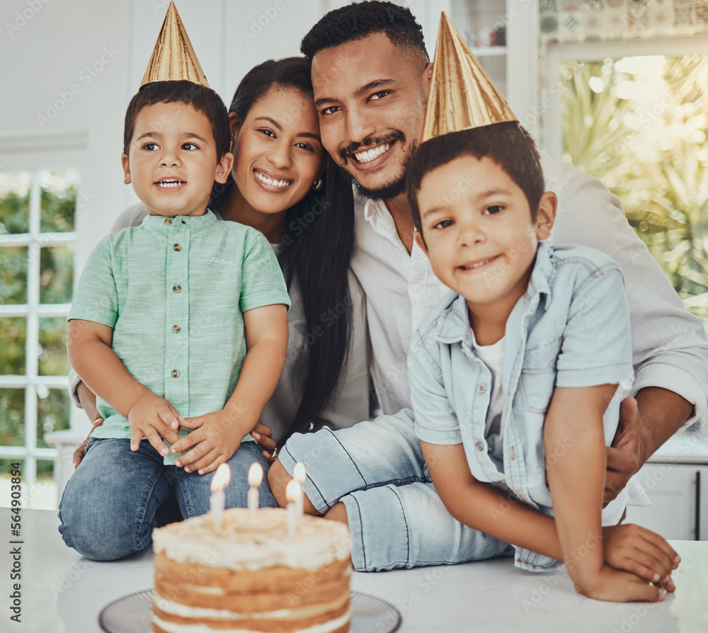 Birthday, portrait and children with parents in a kitchen for cake, celebration and family bonding. 