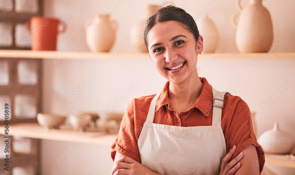 Woman, portrait and smile in pottery workshop, creative studio and manufacturing startup in Sweden. 