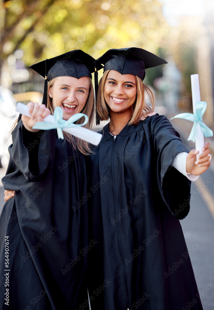 Graduation, education and portrait of friends with degree for academic success at university campus.