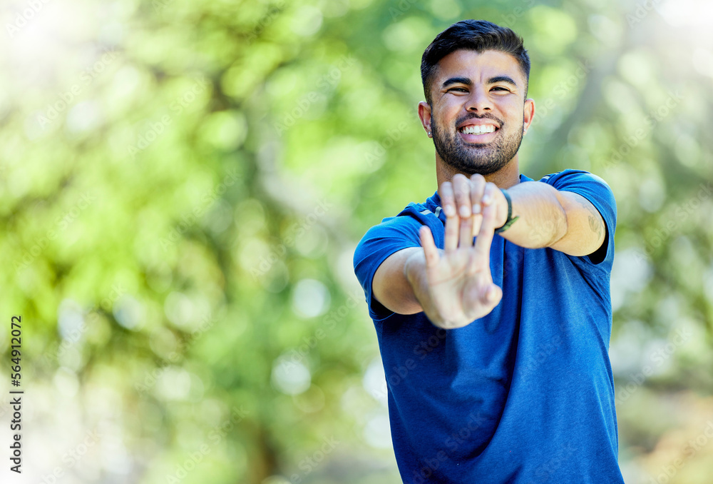 Fitness, mockup and warm up with a sports man outdoor in nature, stretching before exercise. Workout