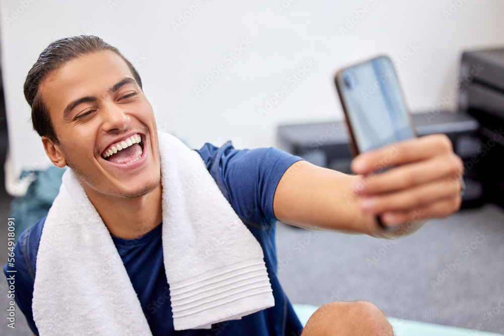 Fitness, man and laugh for selfie, social media or profile picture with towel after workout exercise