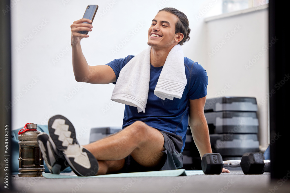 Fitness, happy man and selfie for social media or profile picture with towel after workout exercise 