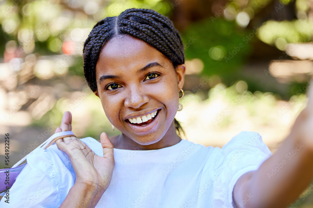 Black woman, shopping and portrait smile for selfie, social media or post in the outdoor park holdin