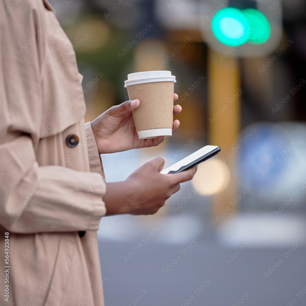 Phone, hands and black woman with coffee in city, internet browsing or social media. Business mobile