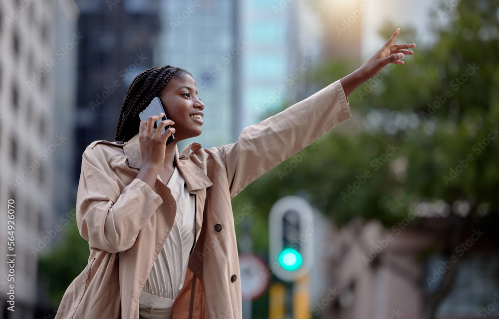 Travel, phone call and black woman with hand for taxi, cab and signal transport service in New York 