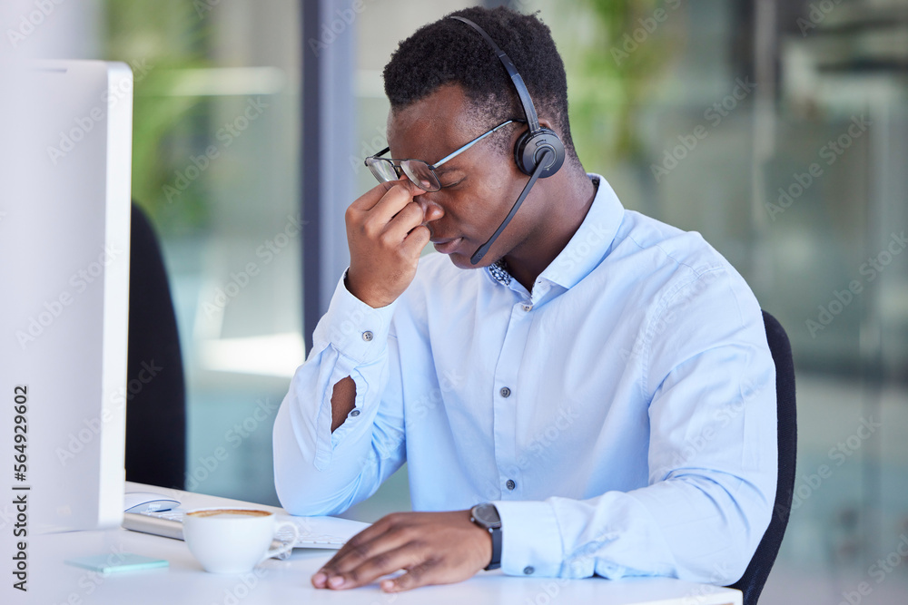 Tired headache and call center with businessman at computer for frustrated, stress and mental health