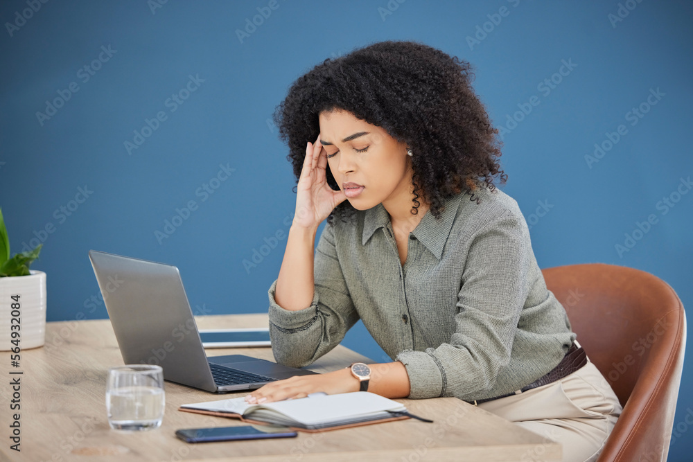 Business, laptop and black woman with headache, stress and burnout in office, overworked and deadlin