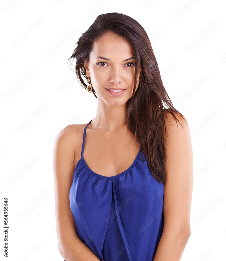 A beautiful young woman in a blue top looking confident isolated on a PNG background.