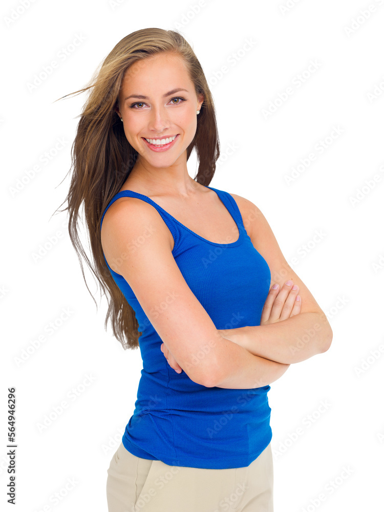 A beautiful young woman smiling and standing with her hands crossed isolated on a PNG background.