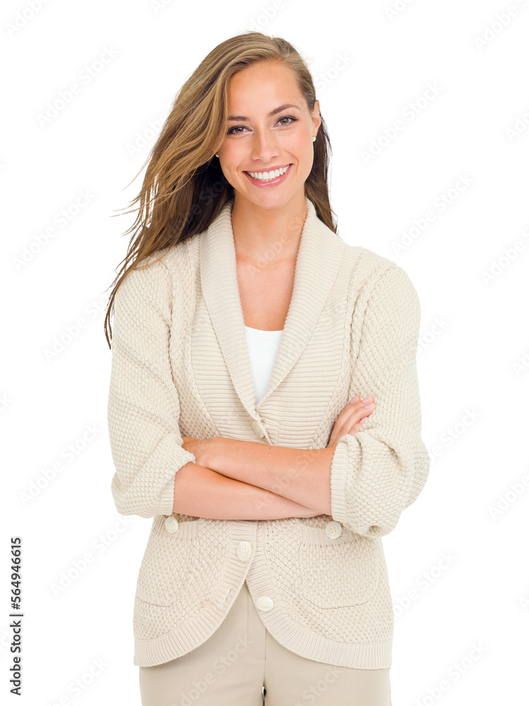 An attractive young woman standing with her arms folded isolated on a PNG background.