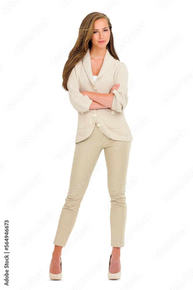 An attractive young woman posing with hands crossed isolated on a PNG background.