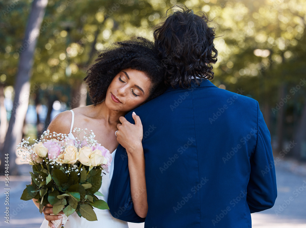 Married couple, bride and groom hug with love, care and celebration in outdoor garden. Wedding, marr