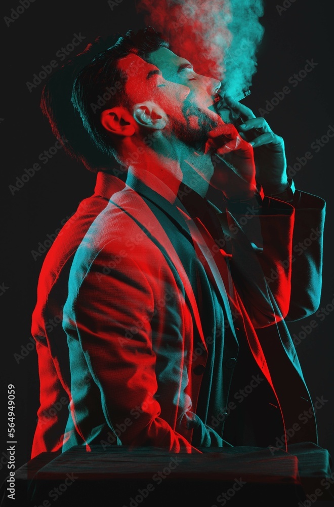 Side profile of male model smoking, futuristic neon lighting with double exposure in studio with cre