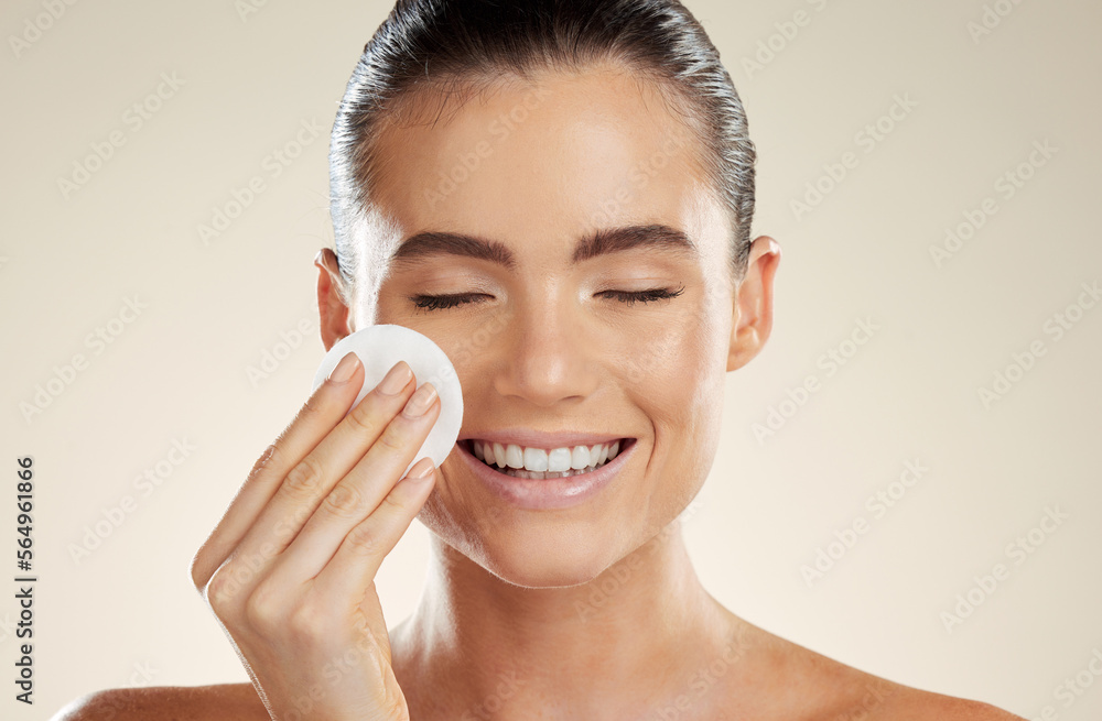 Beauty, skincare and face of woman with cotton for cleaning skin with natural dermatology product. A