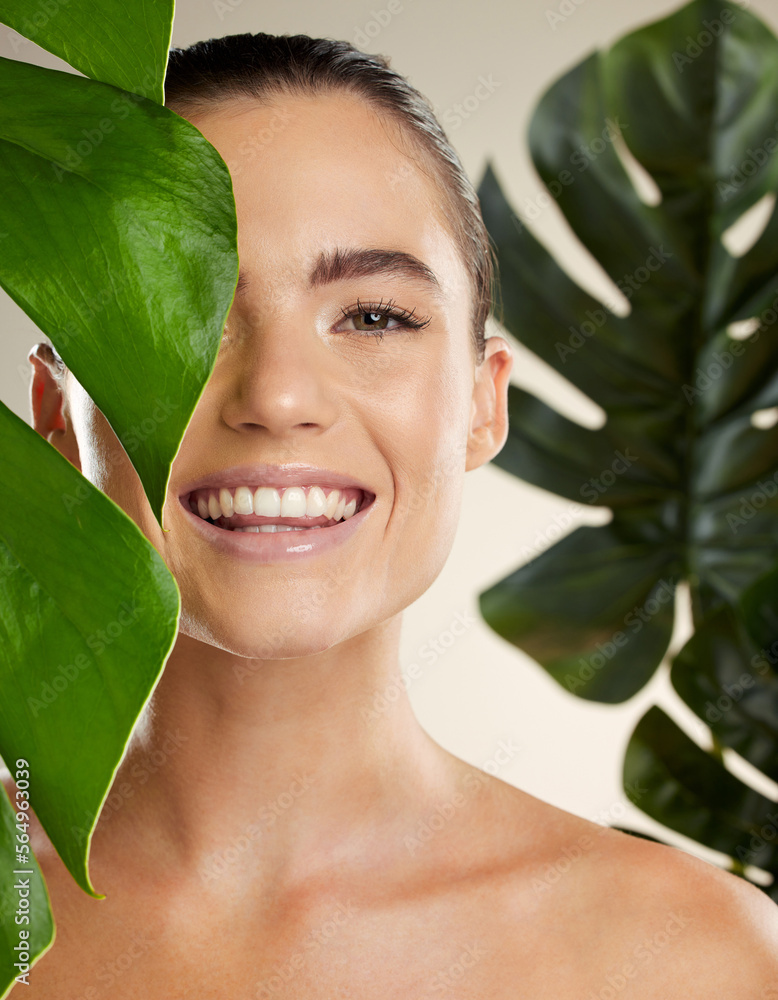 Beauty, skincare and woman portrait with green plant for natural skin dermatology cosmetic product. 