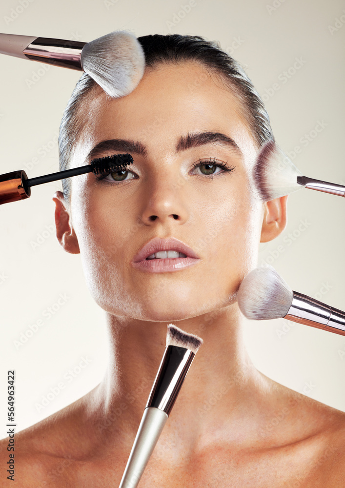 Makeup brush, beauty and face of a woman in studio for cosmetic product advertising. Aesthetic model