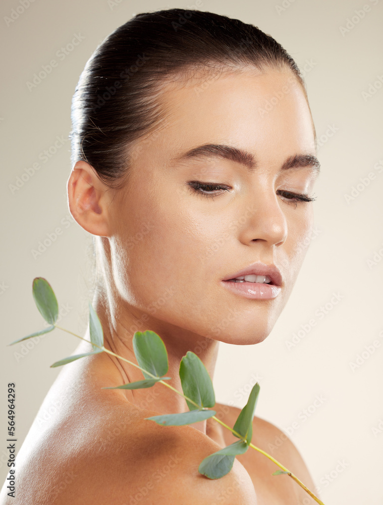 Skincare, woman and beauty with natural plant on skin for green dermatology for cosmetic product. Gl