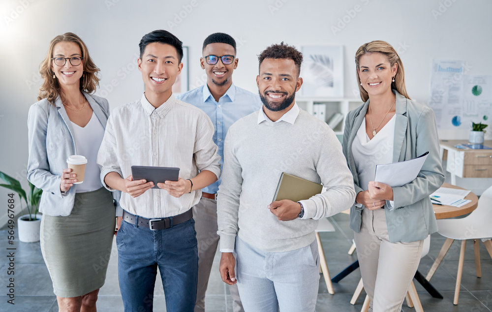 Business people, office portrait or smile for motivation, teamwork or group goal at startup finance 