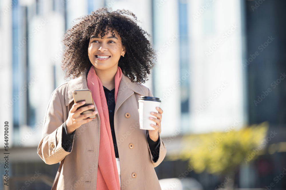 City, happy or black woman with phone for internet research, communication or networking. Tech, smil