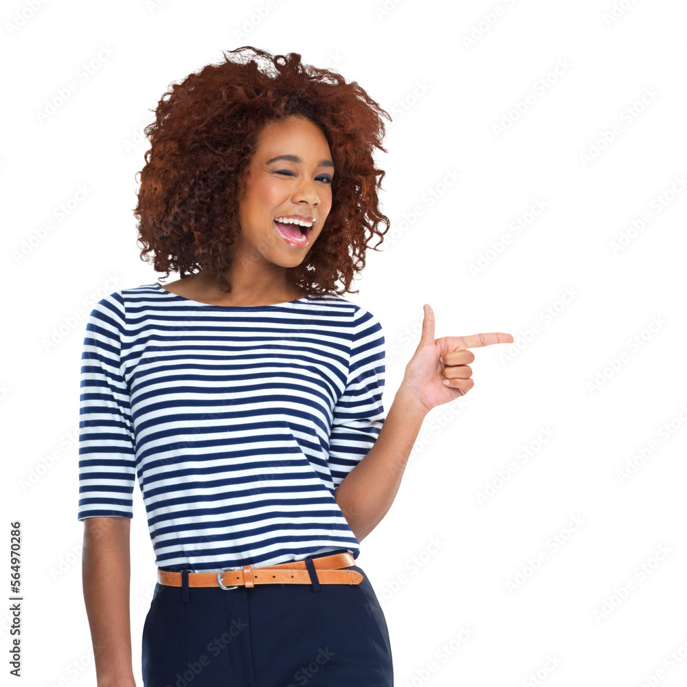 A beautiful young african woman winking and pointing to copyspace isolated on a PNG background.