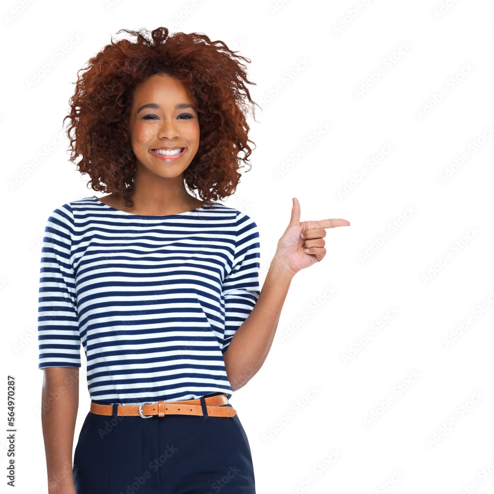 A beautiful young african woman is smiling and pointing to copyspace isolated on a PNG background.