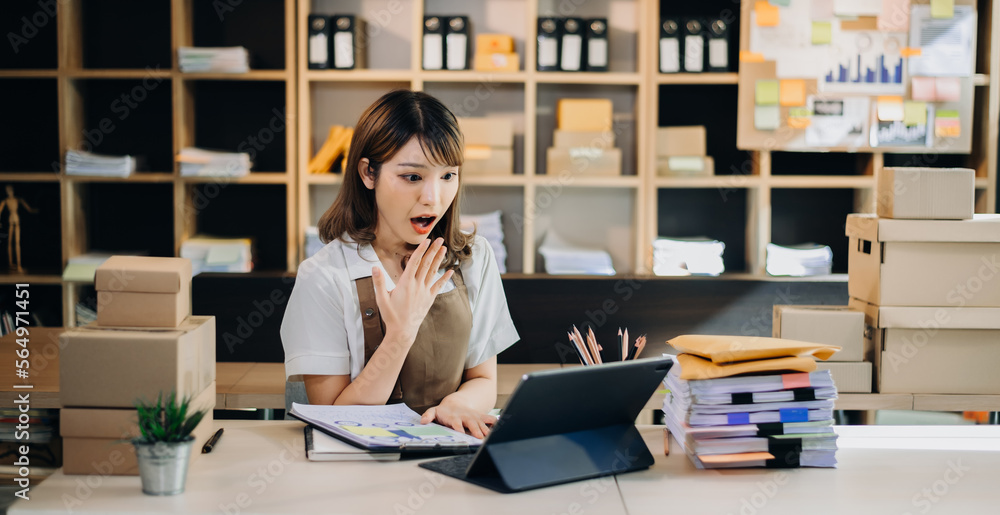 创业型小企业SME，企业家拥有者使用智能手机或平板电脑的女性接受接收和c