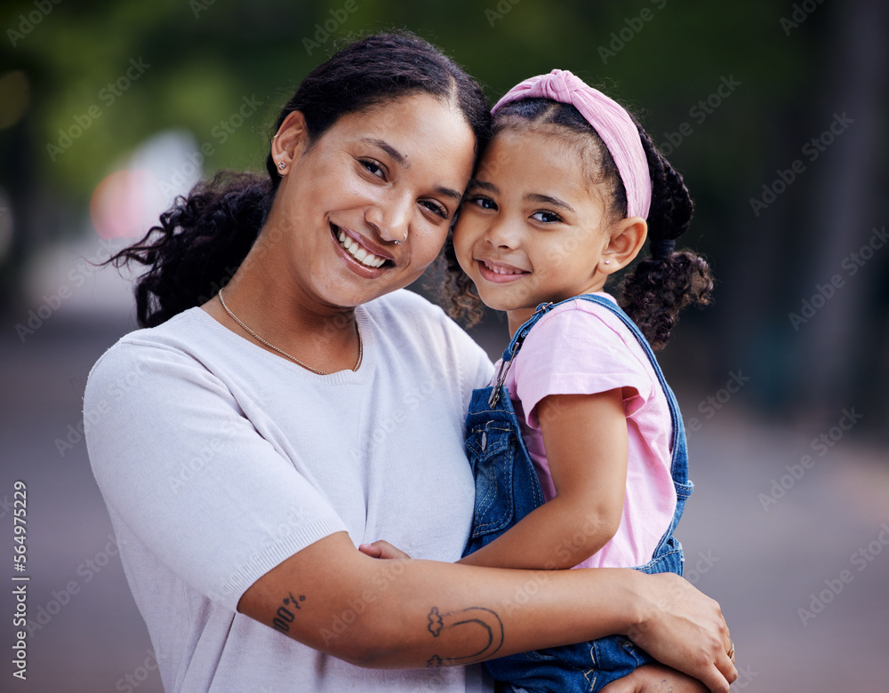 Portrait, mother and kid hug in park, fun day outdoor with love and care, happy people together in n