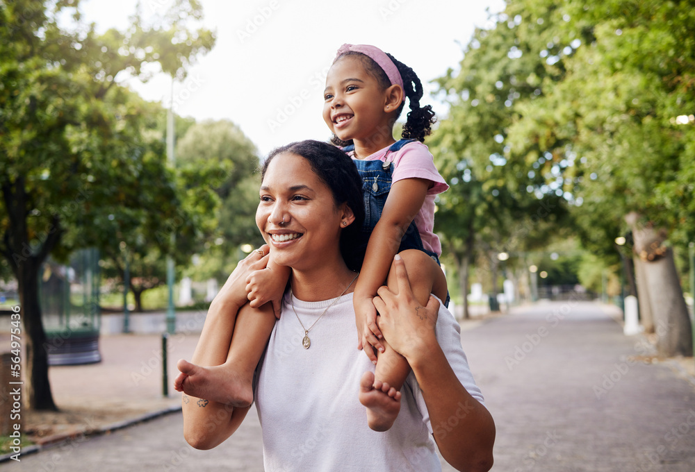 Back, mother with girl and on neck, happiness, summer break and walking in park for bonding, weekend