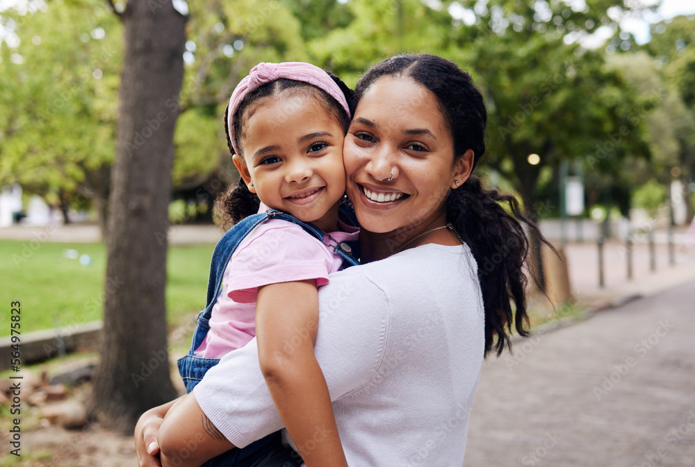 Portrait, mom and child hug in park, fun day outdoor with love and care, happy people together in na